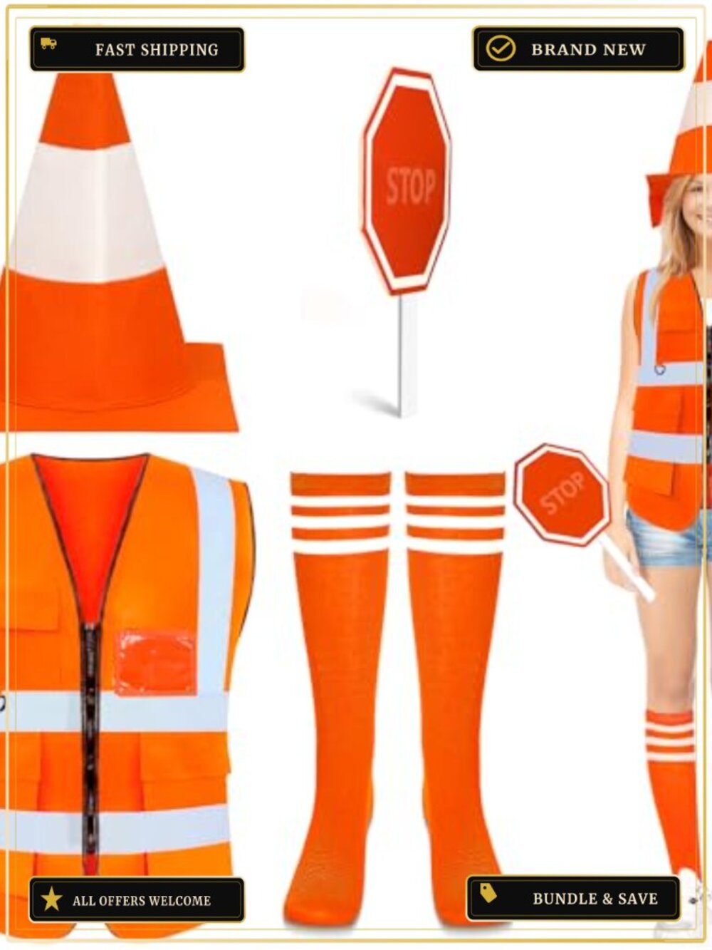 4Pc Traffic Cone Costume Set Felt Hat Vest Socks Stop Sign Adult Halloween Party